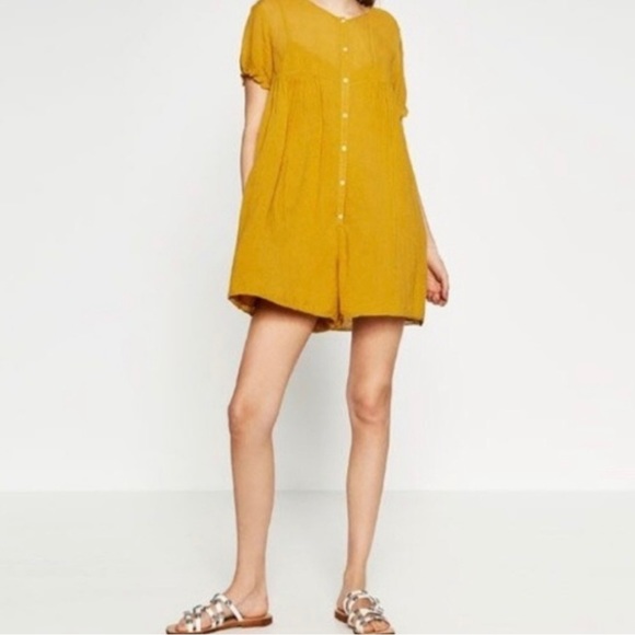 Zara Pants & Jumpsuits Zara Mustard Yellow Button Front Boho Romper